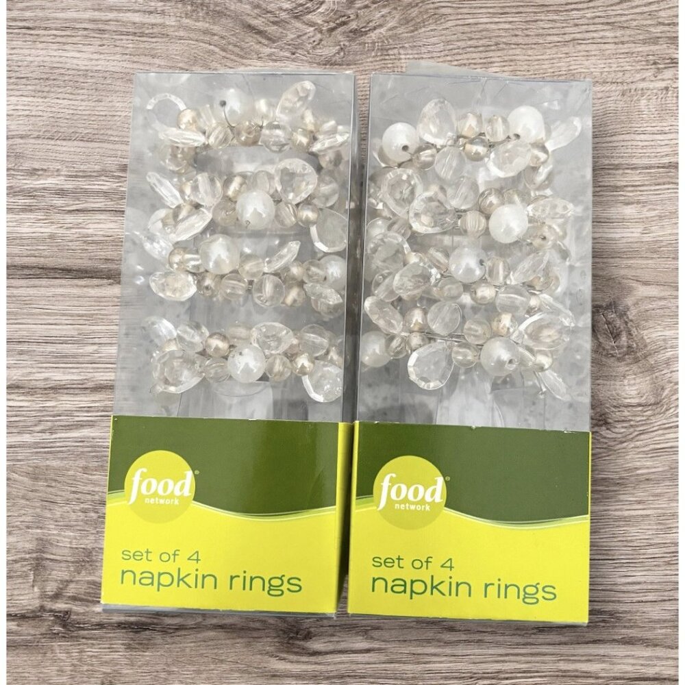 Set 8 New In Pkg Napkin Rings Food Network White Clear Beaded Beachy Beach Decor